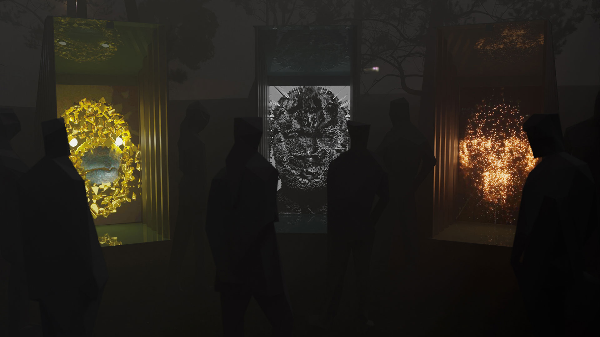 In a dark computer-generated scene, four cloaked human silhouettes appear in front of a multi-channel screen installation. 