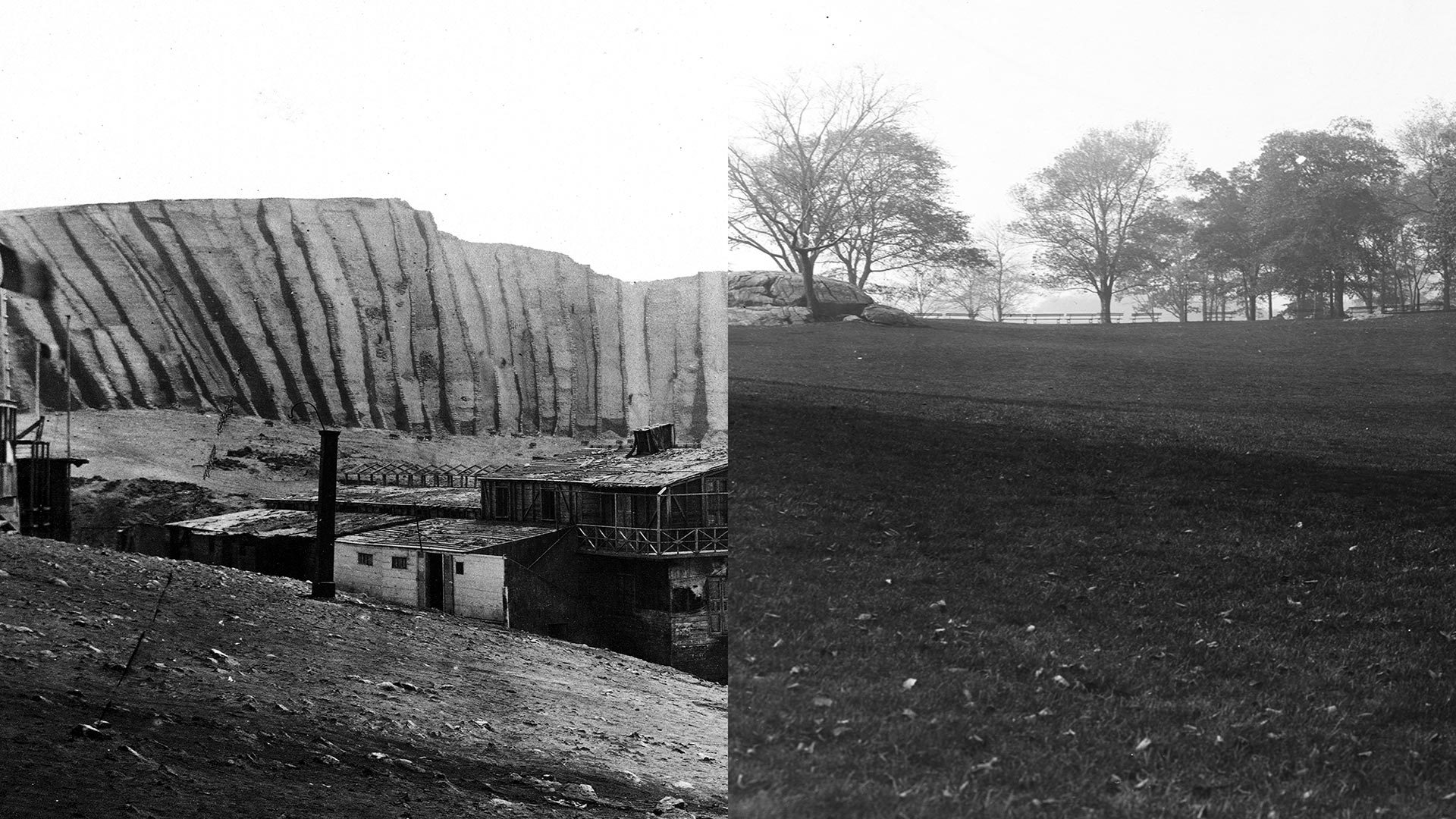 A diptych of two black and white photos in the landscape orientation. The image on the left is of an older industrial building amid a barren landscape. On the right is an archival photograph of a city park.